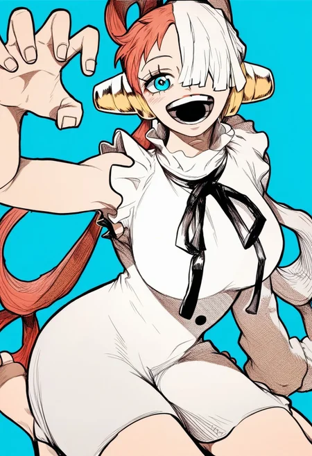 score_9, score_8_up, score_7_up, source_anime, hi res, masterpiece, best quality, highres, Ys_Style, uta (one piece), 1girl, twintails, hair over one eye, blue background, sitting, large breasts, smile, headphones, blue eyes, looking at viewer, open mouth, simple background, dress, neck ribbon, split-color hair, claw pose, wariza, frills, bangs, barefoot, white hair, fingernails
