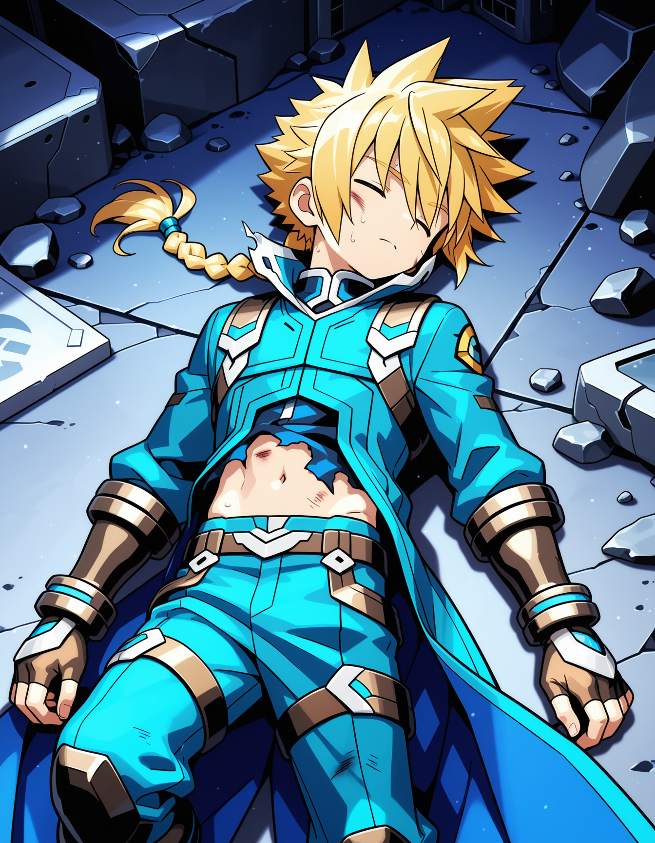 masterpiece,best quality,amazing quality,official art
BREAK
gunvolt,1boy,solo,lying,tilt head,face to the side,Frowning,exhausted,closed eyes,rubble,sweat,,Suffering,,Struggling, writhing,bruised body,bruised body,sweat,Tattered clothes,(BattleDamage),(damaged),,blonde hair,long hair,braided ponytail,spiked hair,single braids,coat,long coat,navel,pants,gloves,fingerless gloves, science fiction,city,night
BREAK
<lora:gunvolt_ill:1>,<lora:Battle_Damage:0.8>