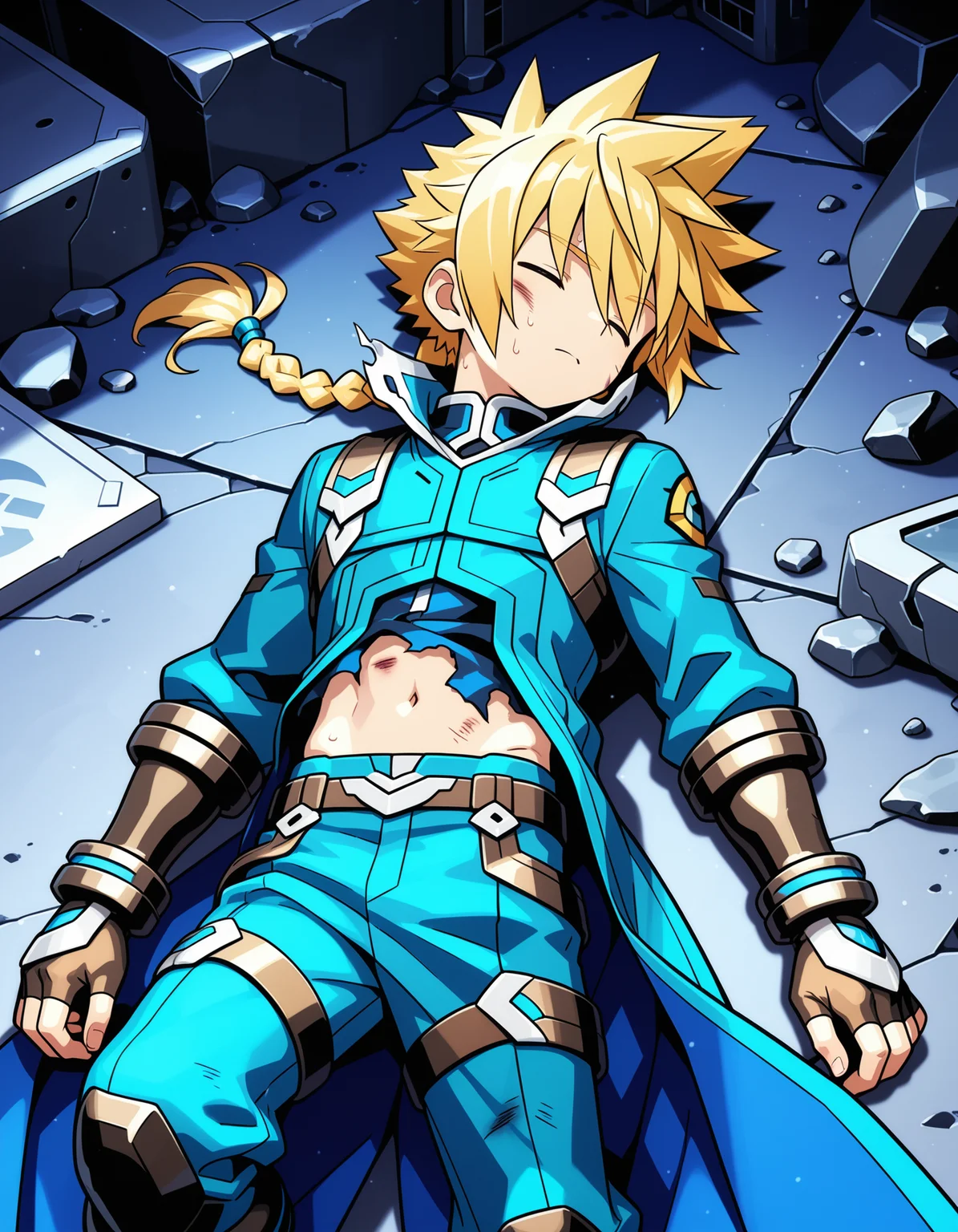 masterpiece,best quality,amazing quality,official art
BREAK
gunvolt,1boy,solo,lying,tilt head,face to the side,Frowning,exhausted,closed eyes,rubble,sweat,,Suffering,,Struggling, writhing,bruised body,bruised body,sweat,Tattered clothes,(BattleDamage),(damaged),,blonde hair,long hair,braided ponytail,spiked hair,single braids,coat,long coat,navel,pants,gloves,fingerless gloves, science fiction,city,night
BREAK
<lora:gunvolt_ill:1>,<lora:Battle_Damage:0.8>