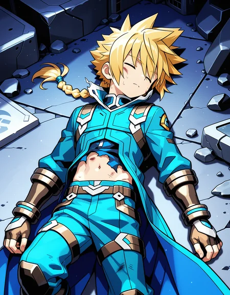 masterpiece,best quality,amazing quality,official art
BREAK
gunvolt,1boy,solo,lying,tilt head,face to the side,Frowning,exhausted,closed eyes,rubble,sweat,,Suffering,,Struggling, writhing,bruised body,bruised body,sweat,Tattered clothes,(BattleDamage),(damaged),,blonde hair,long hair,braided ponytail,spiked hair,single braids,coat,long coat,navel,pants,gloves,fingerless gloves, science fiction,city,night
BREAK
<lora:gunvolt_ill:1>,<lora:Battle_Damage:0.8>