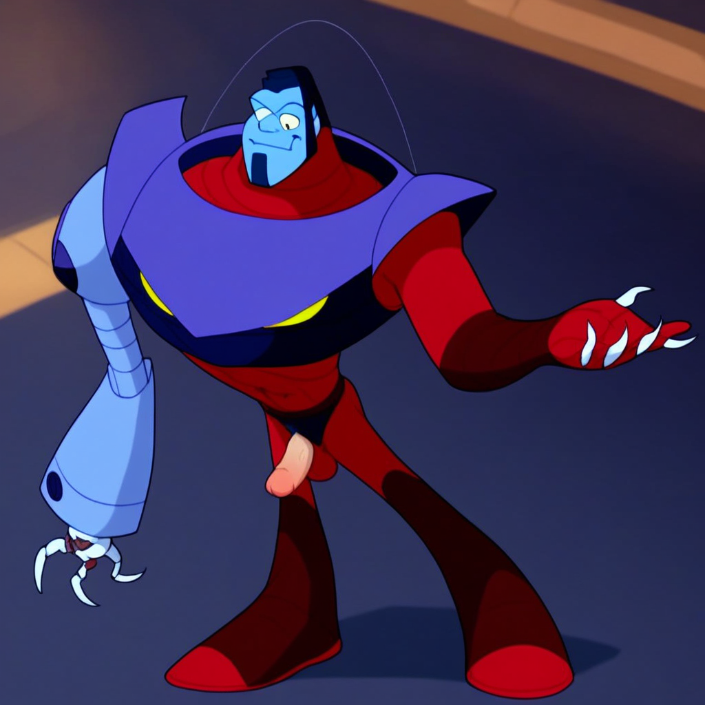 warp, robot, mecha, 1boy, no humans, claws, male focus, solo, blue skin, yellow eyes, facial hair, colored skin, black hair, right arm robot,    pubic hair, completely nude, abs, penis, balls, standing, full body,  score_9, score_8_up, score_7_up, score_6_up <lora:vinceteaa_020_04v2-step00000400r:1> good face, good eyes,