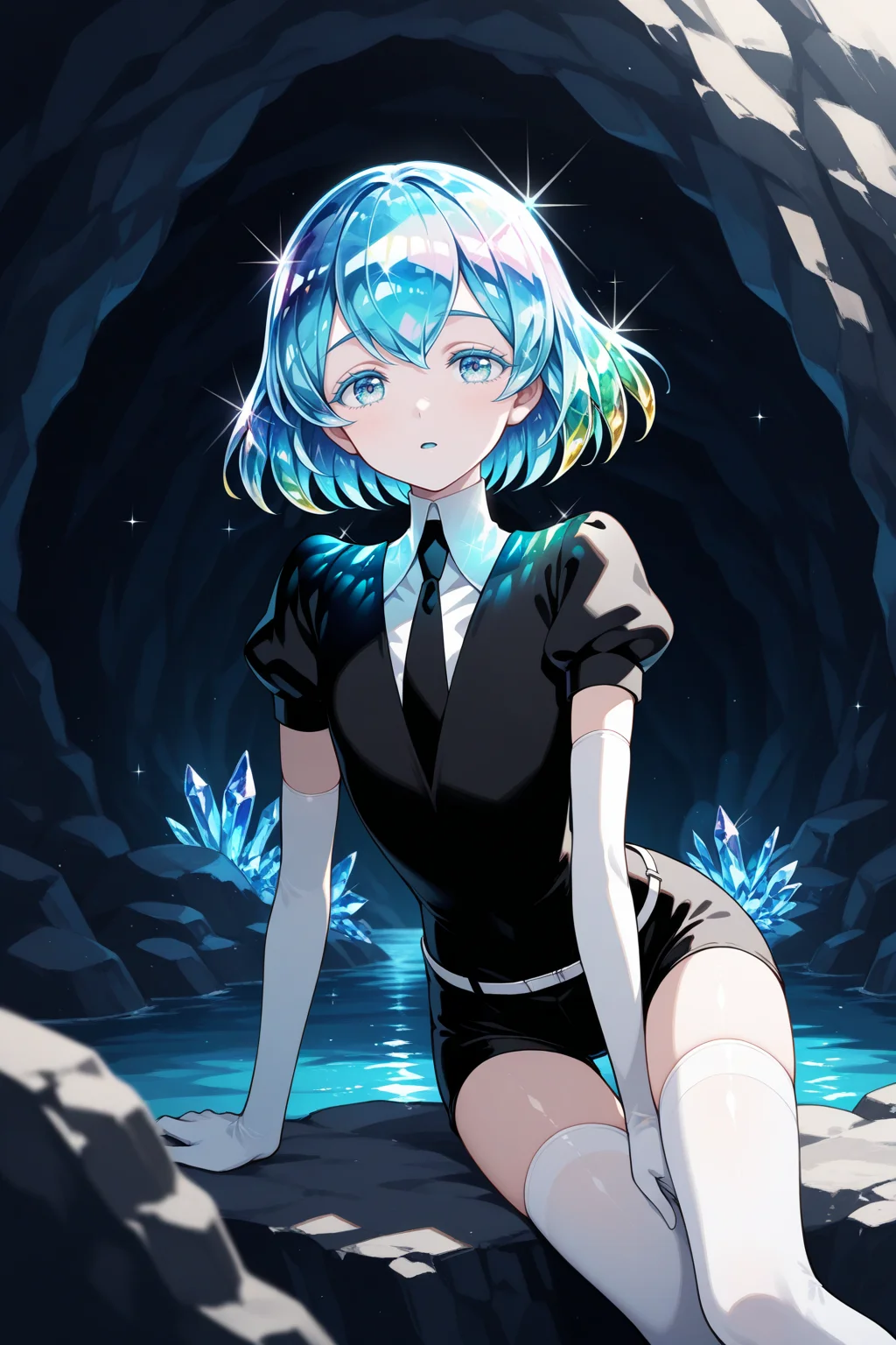 masterpiece, best quality, 1other, solo, diamond \(houseki no kuni\), crystal hair, gradient hair, gradient eyes, gem uniform \(houseki no kuni\), black shirt, short puffy sleeves, black necktie, elbow gloves, white gloves, white belt, black shorts, white thighhighs, indoors, cave, water, shiny, crystal, gem, rock, sparkle