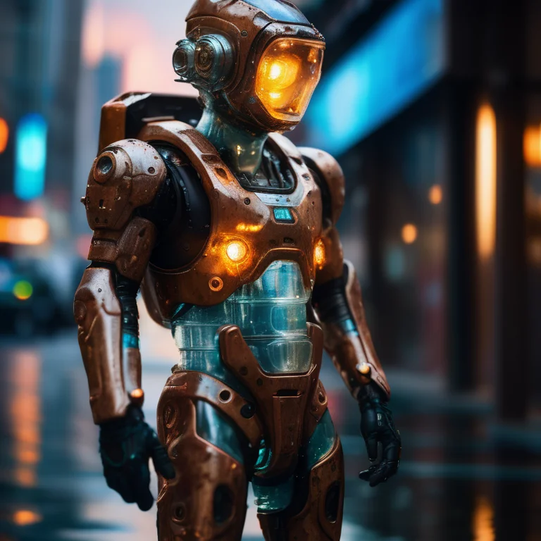 Portrait photo of a single transparent camo worn mechanical suit, ((light bokeh)), highly intricate details, ((translucent bioluminescent liquid water [rust])), elegant, sharp focus, photo by greg rutkowski, soft cinematic lighting, vibrant colors, masterpiece, moody dystopian street scene
