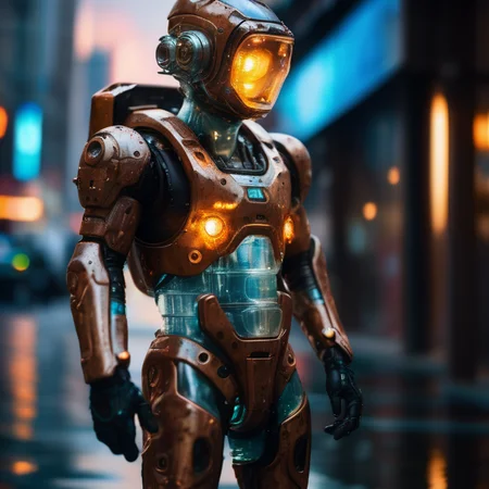 Portrait photo of a single transparent camo worn mechanical suit, ((light bokeh)), highly intricate details, ((translucent bioluminescent liquid water [rust])), elegant, sharp focus, photo by greg rutkowski, soft cinematic lighting, vibrant colors, masterpiece, moody dystopian street scene