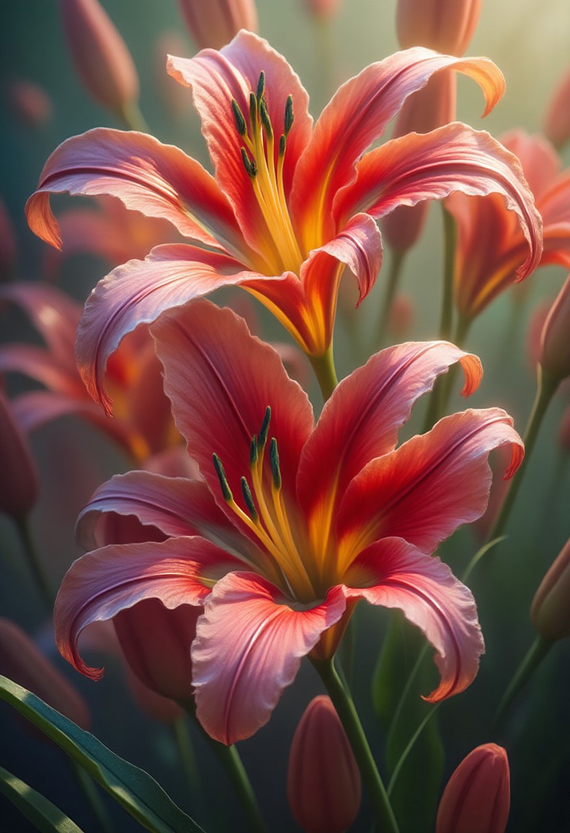 incredibly beautiful lilies in bright and saturated colors. Let it be a magical garden filled with exotic plants and bright buds. Add a soft light that creates an atmosphere of calm and harmony. Include a variety of shapes and textures of colors to emphasize their beauty and uniqueness. The background can be blurred to focus on the colors.