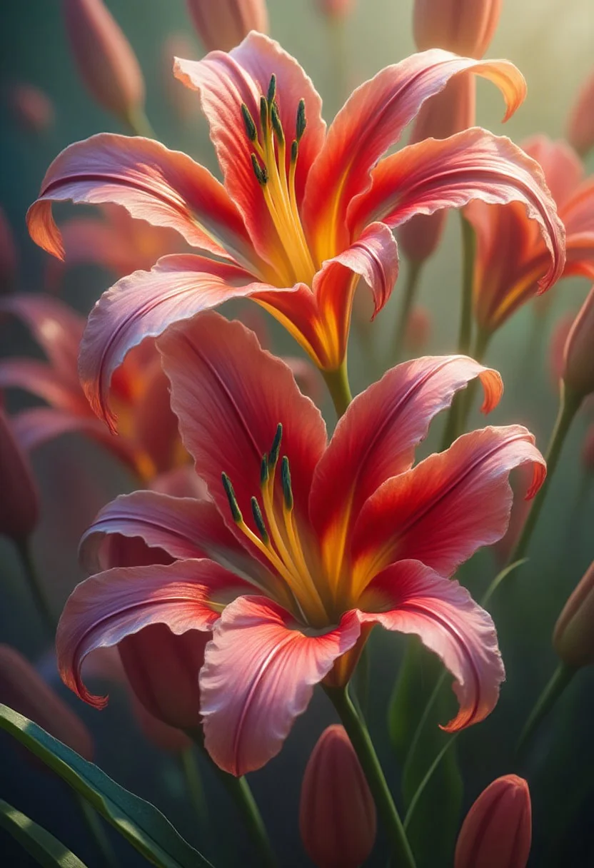 incredibly beautiful lilies in bright and saturated colors. Let it be a magical garden filled with exotic plants and bright buds. Add a soft light that creates an atmosphere of calm and harmony. Include a variety of shapes and textures of colors to emphasize their beauty and uniqueness. The background can be blurred to focus on the colors.