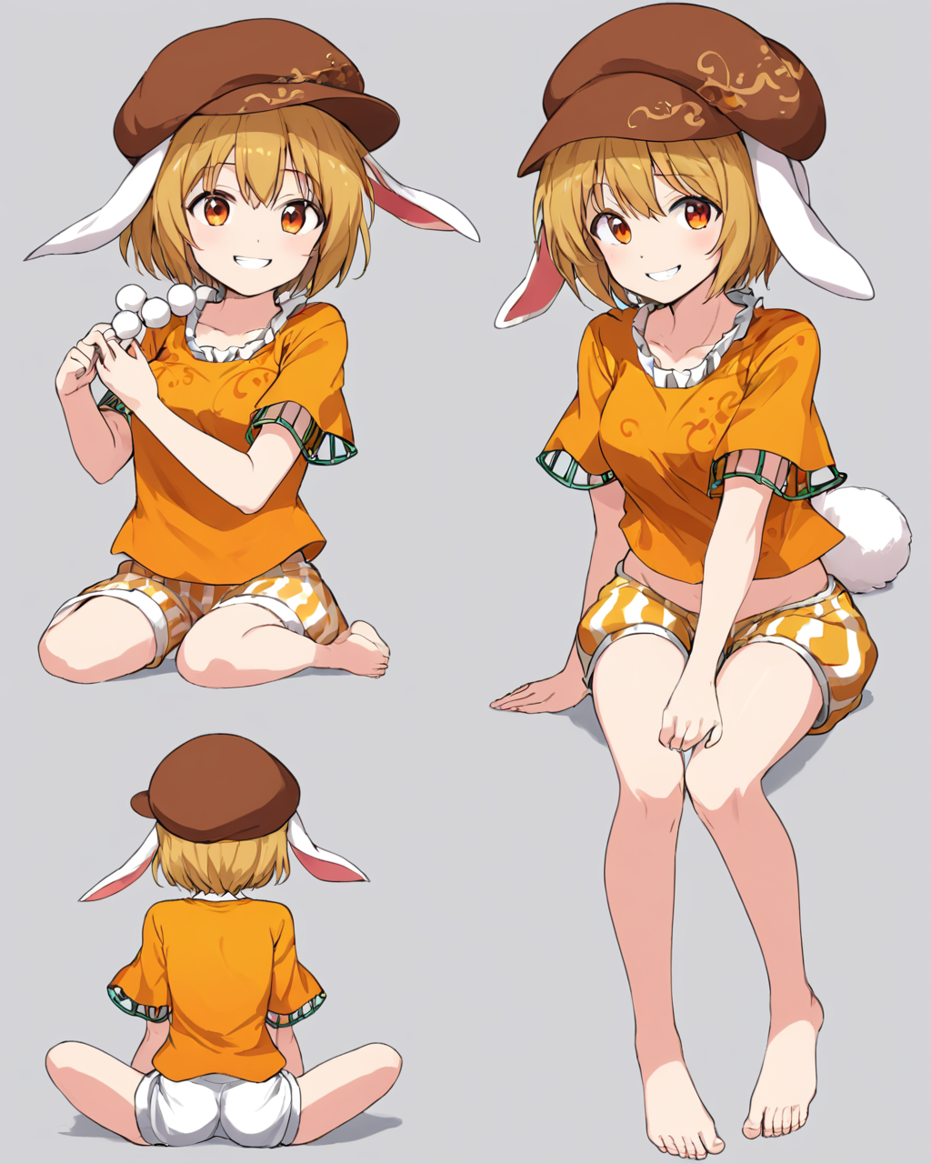ringo \(touhou\),1girl, barefoot, shorts, feet, orange_shirt, rabbit_tail, toes, grin, flat_cap, short_sleeves, midriff, looking_at_viewer, multiple_views, striped, dango, cabbie_hat, simple_background, sitting
<lora:ringo_(touhou)_image967_2023-12-20-000015:1>,star-shaped_pupils,symbol-shaped_pupils,. gorgeous,key visual, vibrant, studio anime,award-winning, professional, highly detailed,high budget, cinemascope