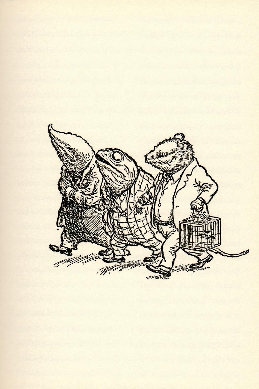 ehshep1 sketch. 
The scene depicts three anthropomorphic animals, a mole, a toad, and a rat, walking side by side. The mole is on the left, the toad is in the center, and the rat is on the right. The rat is carrying s bird cage. <lora:ehshep2_cap_d6a3e12:1.0><lora:825898541739408794:0>
