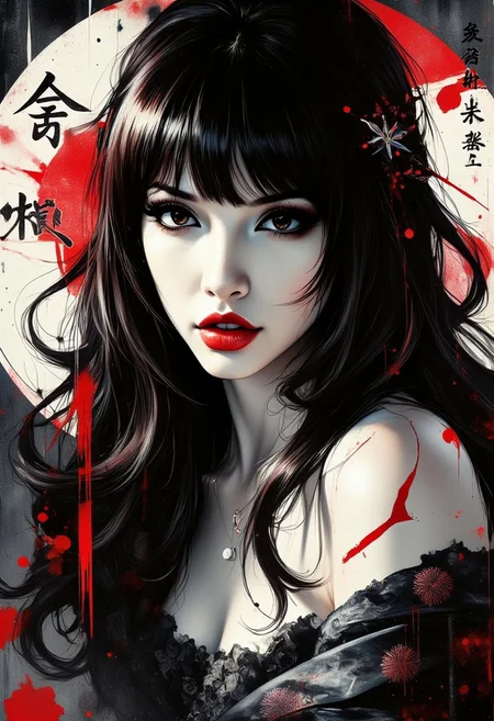 Silhouette Art, magnificent, dark background, inksplash portrait of stunning oriental woman, long hair, seductive, sultry, lustful, red lips, direct gaze, light hitting one side of face, gradient colour background, Japanese kanji