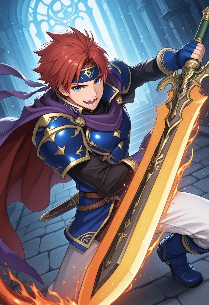 [#👦;♞]side_light,4k,(masterpiece:1.4),(best quality:1.4),(high resolution:1.4),Ultra HD, HDR,(hyperdetailed),smooth lighting,source_anime,very aesthetic,intricate details,intense,highres,vibrant colors,detailed_shadows,detailed_reflections,high-quality textures,depth of field,good shading,studio quality,epic lighting,digital illustration,path_tracing,rtx_on_styled_lighting_and_reflections,<lora:add-detail-xl:1>,looking at viewer,unblurred,perfect composition,intricate details,incredibly absurdres
BREAK [ONLY1boy,solo,character focus,male,18 year old,super smash bros. melee,r0y,\(Nintendo©\),Fire emblem (series),show accurate proportions,"crimson hair,redhead,SHORT-SPIKED hair,flowing hair",(shiny skin),"half-closed eyes,detailed eyes,perfect eyes,glowing eye,glowing eye trails,(blue eyes:1.5),detailed eyes",soul,emotions,smirk,ALIVE,open mouth,shouting,(perfect hands,fingerless gloves,blue gloves,hands,perfect fingers,perfectly detailed anatomy,correct anatomy),black undershirt,blue boots,"purple cape,purple scarf",brown belt,"BLUE HANDBAND,blue chest plate,blue armor,metallic reflection,shiny,glossy",blue tunic,white pants,SFW]
BREAK action pose,fighting stance,"holding weapon,🗡️,holding sword,sword in hand,holding Sword of Seals,magical sword,slashing,glowing blade,red flames,glowing flame,glowing energy,(glowing particles:1.3),🔥,blazing sword",dutch angle,dynamic angle,
BREAK detailed background,depth of field,old castle,🏰,Castle Siege,bombarded,
