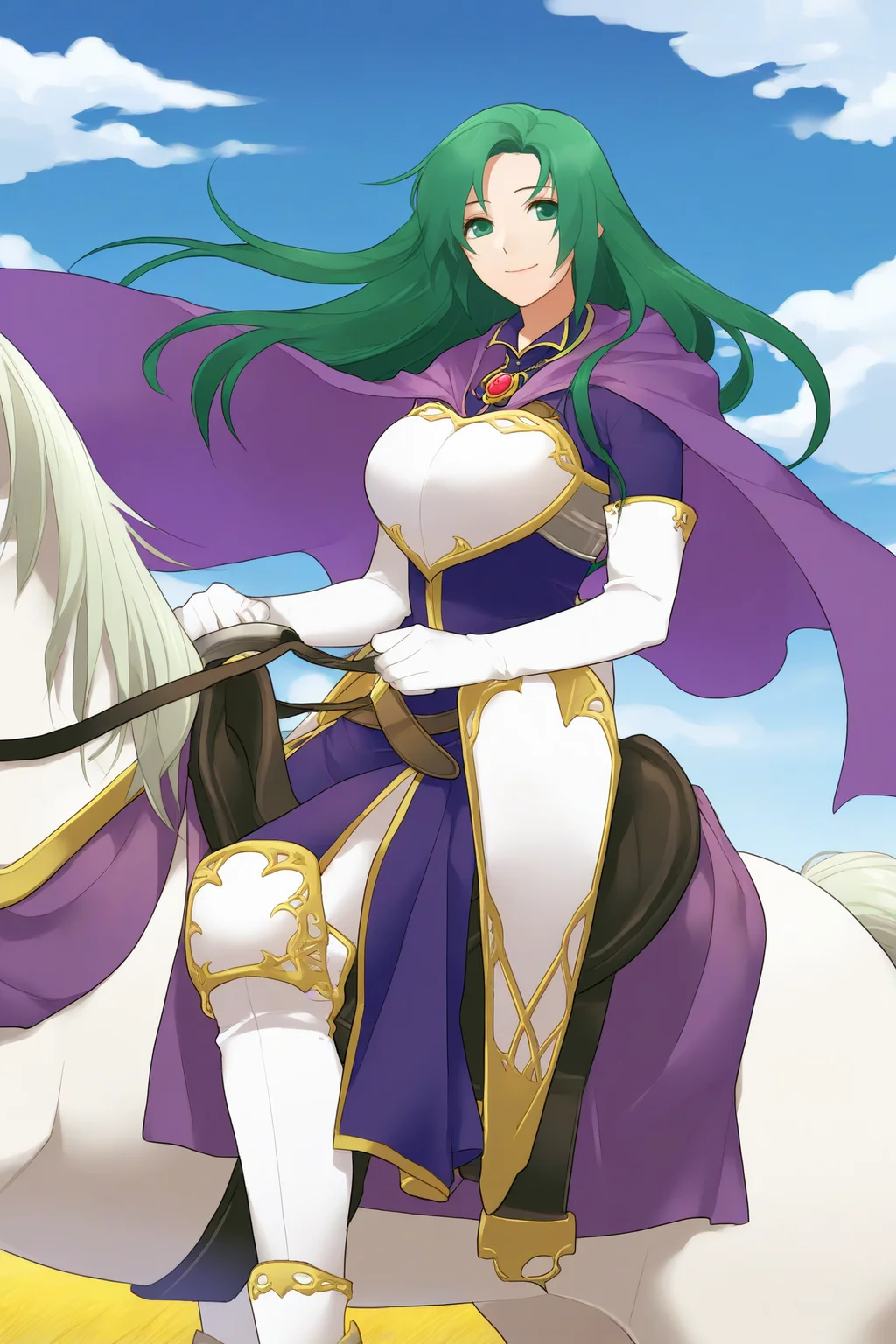 masterpiece, best quality, 1girl, solo, <lora:fececilia-illu-nvwls-v1-000005:1> dfCla, green hair, green eyes, purple cape, brooch, armored dress, purple dress, elbow gloves, white gloves, belt, white boots, horseback riding, riding white horse, field, blue sky, clouds, autumn, looking at viewer, smile