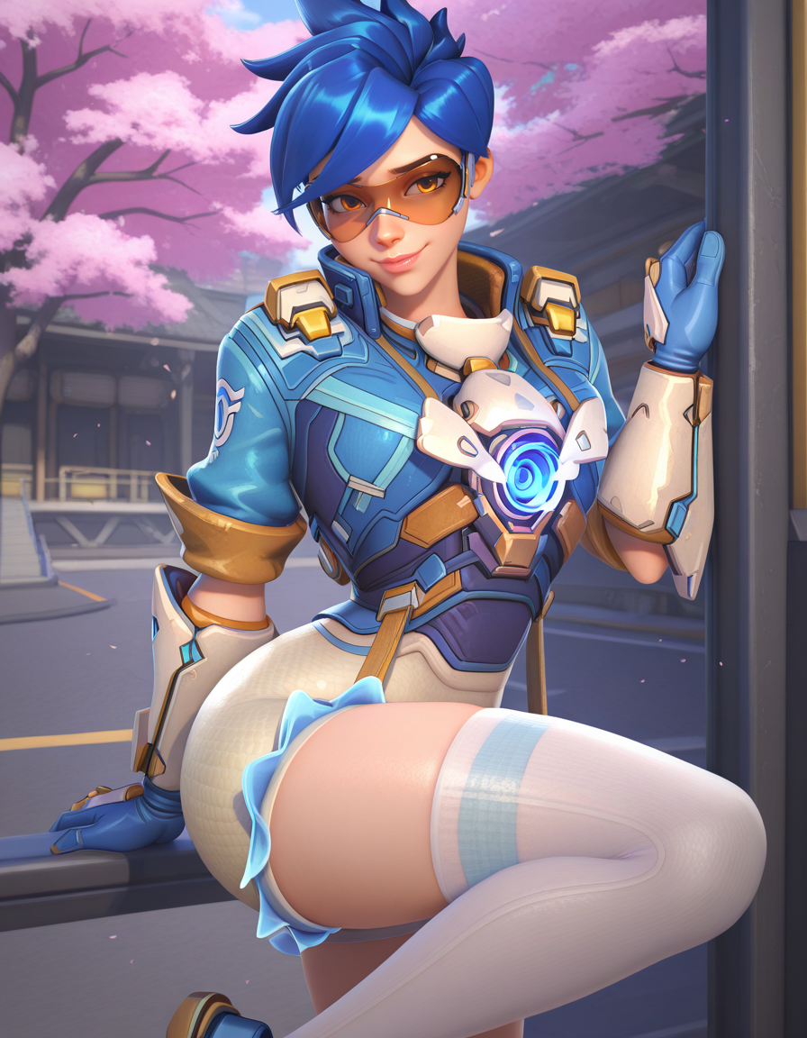 Masterpiece, high-res, 2k, best quality, 2.5d, 1girl, hero of heart, tracer (overwatch) , googles, harness, cowboy shot<lora:Hero_of_Heart_Tracer_Illus-000037:1> In a seductive pose one leg bent at the knee while the other is straight, Cherry blossom trees in full bloom
