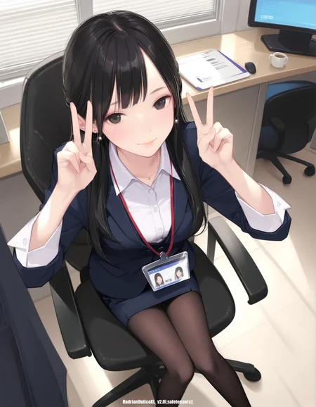 score_9,score_8_up,score_7_up,score_6_up,score_5_up, hd5,ama mitsuki,uncensored,, 1girl,office lady, double v, long hair,black hair,black eyes,skinny,smile,pantyhose, full body, sitting,from above,id card,office chair,, earrings