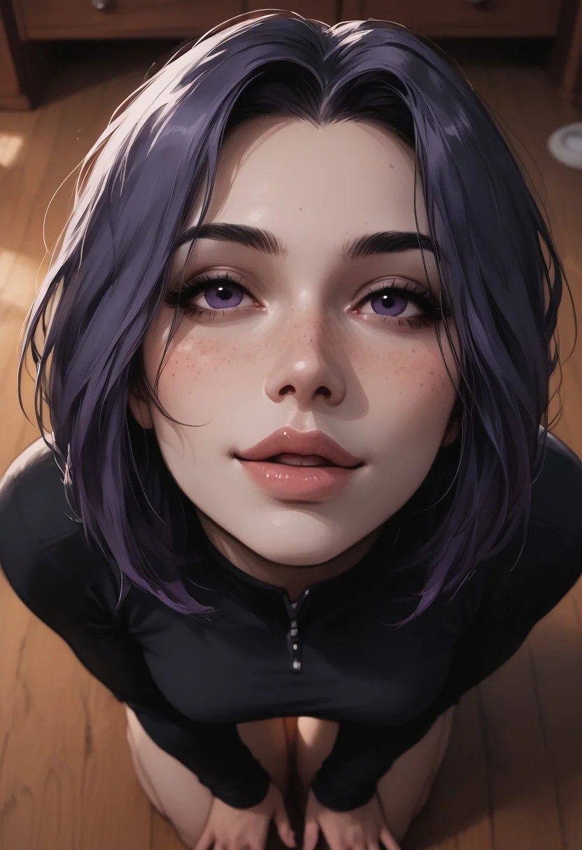 score_9, score_8_up, score_7_up, score_6_up,  1 girl , kawaii girl, freckles, sexy, blushing, petite, slim, kneeling, smiling, soles, slight open mouth,  head tilted up, portrait, bedroom, detailed drawing, partially illuminated, blurry background, face focus, from above, looking up at viewer, s1_dram, watercolor \(medium\), traditional media, raven_(dc), dc_comics