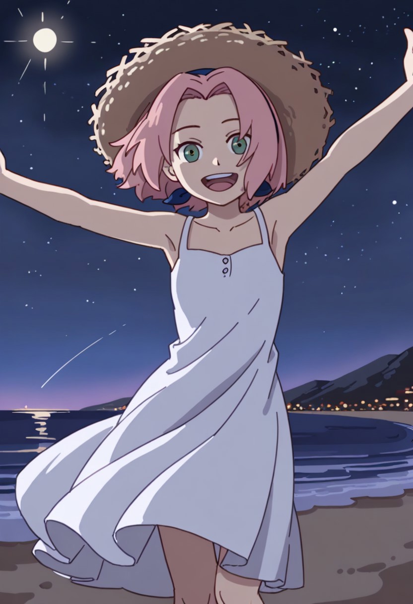 Score_9_up, score_8_up, score_7_up, source_anime, Expressiveh, perfect eyes, 1girl, solo, 1girl, haruno sakura, pink hair, short hair, green eyes, slim body,Small breasts,
white dress, sleeveless, standing, looking at viewer, sun hat, open mouth, outstretched arms, beach, happy,night,stars,beautiful eyes,without ninja band,
masterpiece,dynamic lighting,beautiful lighting