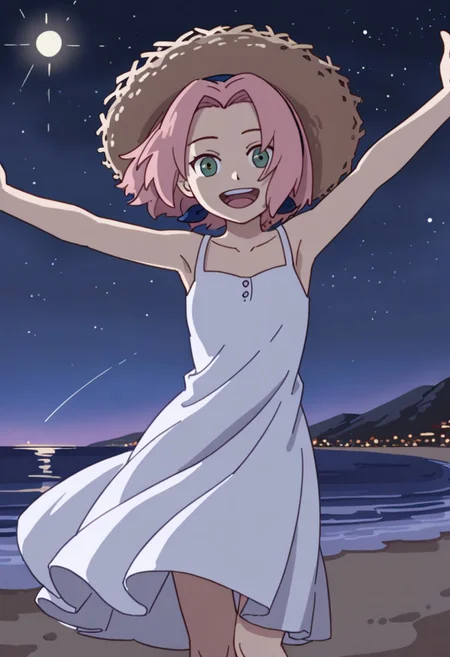 Score_9_up, score_8_up, score_7_up, source_anime, Expressiveh, perfect eyes, 1girl, solo, 1girl, haruno sakura, pink hair, short hair, green eyes, slim body,Small breasts,
white dress, sleeveless, standing, looking at viewer, sun hat, open mouth, outstretched arms, beach, happy,night,stars,beautiful eyes,without ninja band,
masterpiece,dynamic lighting,beautiful lighting