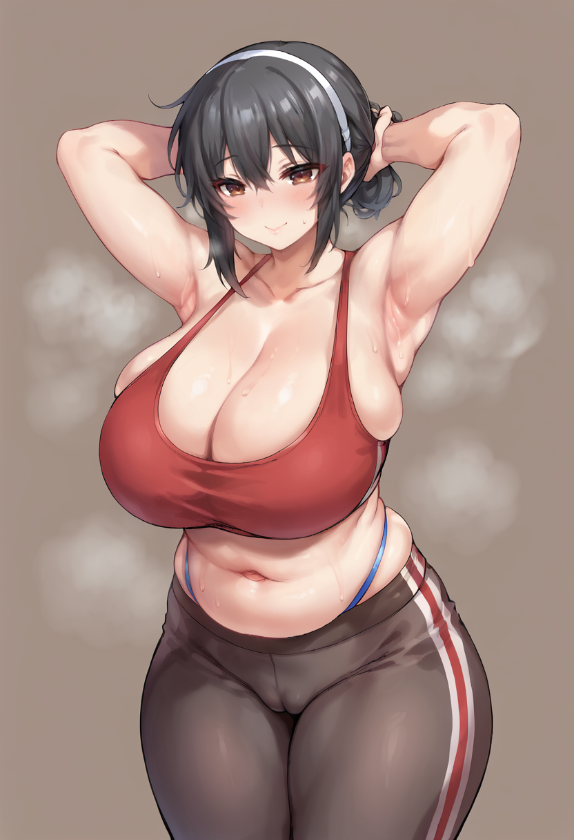 score_9, score_7_up,  1girl, 
solo, huge breasts, wide hips, thick thighs, brown eyes, breasts, alternate breast size, blush, belly, cleavage, brown background, cameltoe, skindentation, black hair, undersized clothes, red sports bra, thighs, sweat, smile, thigh gap, curvy, fat rolls, eyelashes, plump, muffin top, alternate body size, bare shoulders, tight clothes, arms behind head, hair pulled back, underwear, headband, navel, sports bra, stomach, thick arms, armpits, panties, tight pants, pants
 <lora:shiodome_oji-Style-PonyXL-GLoRA:1>