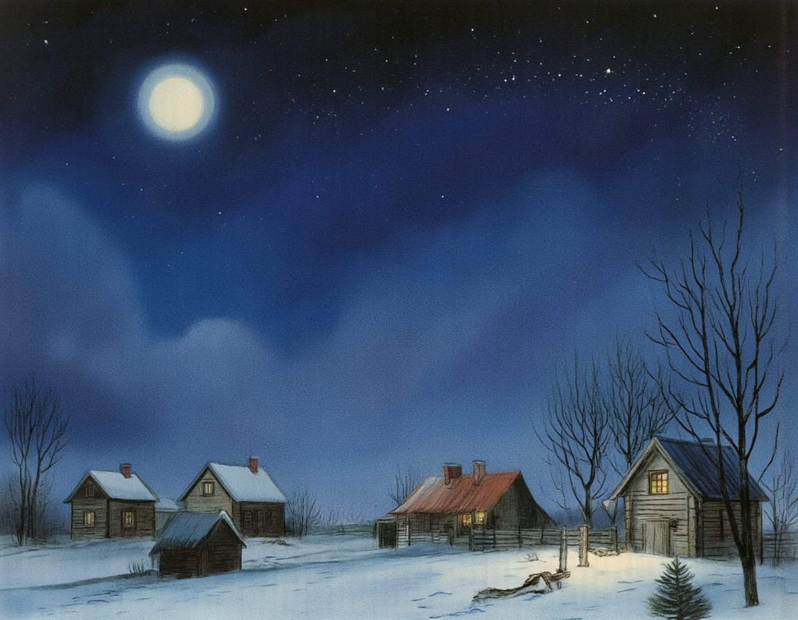 <lora:SUT_NEW:1>, A night scene with a full moon shining over a sleeping village, in the style of Vitaly Suteev â dreamy and peaceful, soft gradients, minimalistic background, warm bedtime storybook illustration from a Soviet-era fairy tale