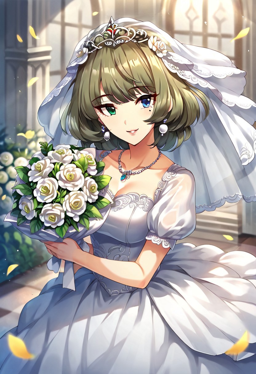 score_9, score_8_up, score_7_up, source_anime,takagaki kaede, short hair, brown hair, mole under eye, green eyes, blue eyes, heterochromia, 1girl, wedding dress, mole, dress, bouquet, solo, veil, flower, jewelry, earrings, bridal veil, smile