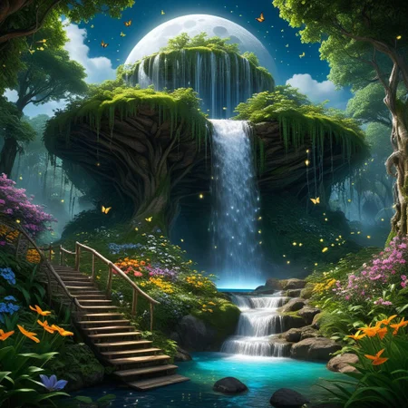 Magical perfect 3d art book with a whimsical fairy tale surreal wonderland dwelling from the pages of a perfect open art book, (fireflies, abundant flowers, lush enchanted forest, butterflies, waterfalls, flowing water, giant moon, detailed hyperrealistic painting:1.4), deep color, fantastical, complex intricate detail, splash screen, complementary colors, fantasy concept art, 8k resolution trending on Artstation Unreal Engine 5, (3D) (4D) (64k) <lora:add-detail-xl:3.0>