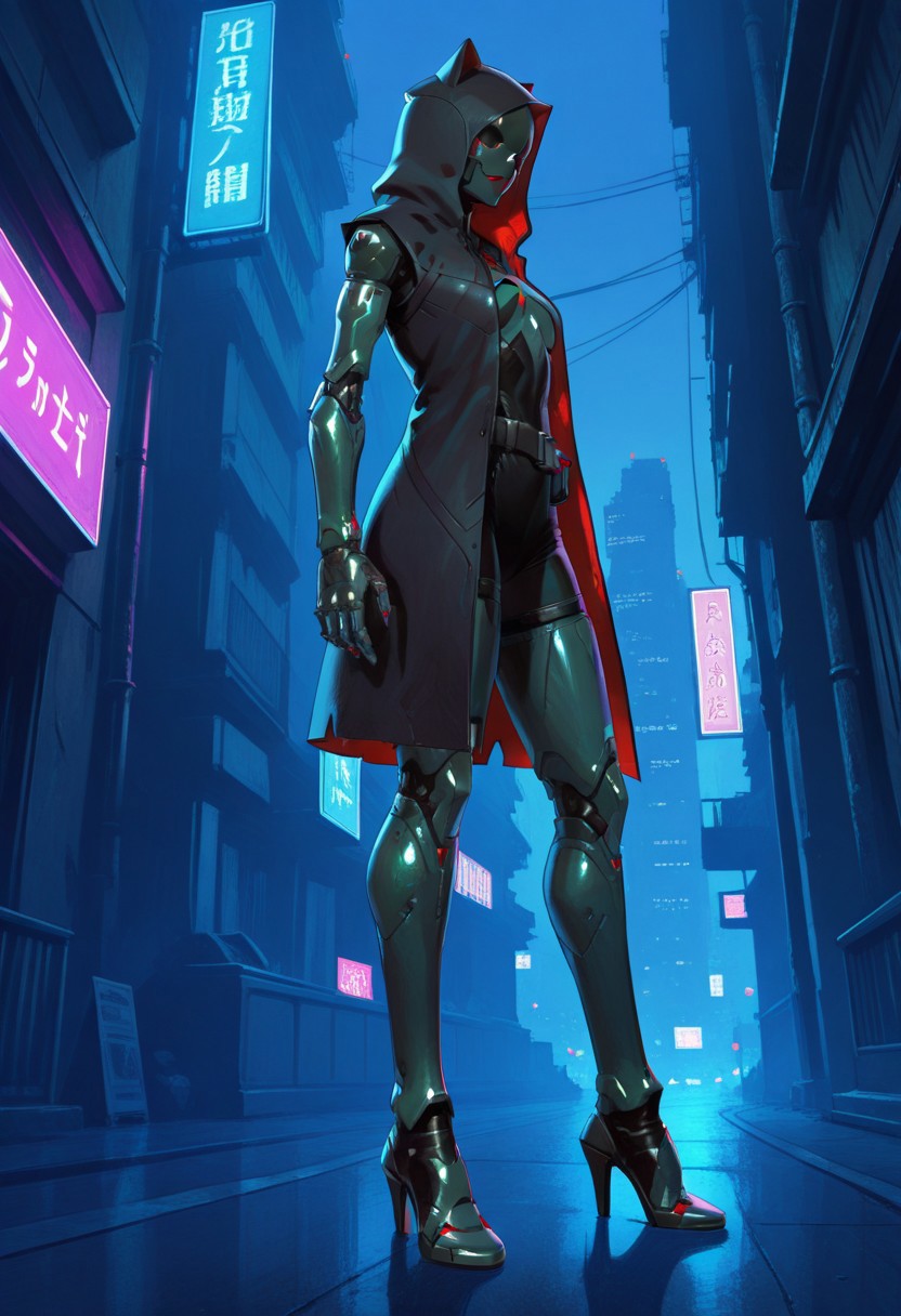 absurdres, masterpiece, best quality, very aesthetic, HDR, 8K, ultra-detailed, anime, 748cmstyle, full body, standing, cyberpunk, cyber city, from below,
1girl, FelinaFo, solo, cyborg, mask, no eyes, hood up, hooded cloak, mechanical arms, belt, mechanical legs, high heels, shiny skin, (skinny),