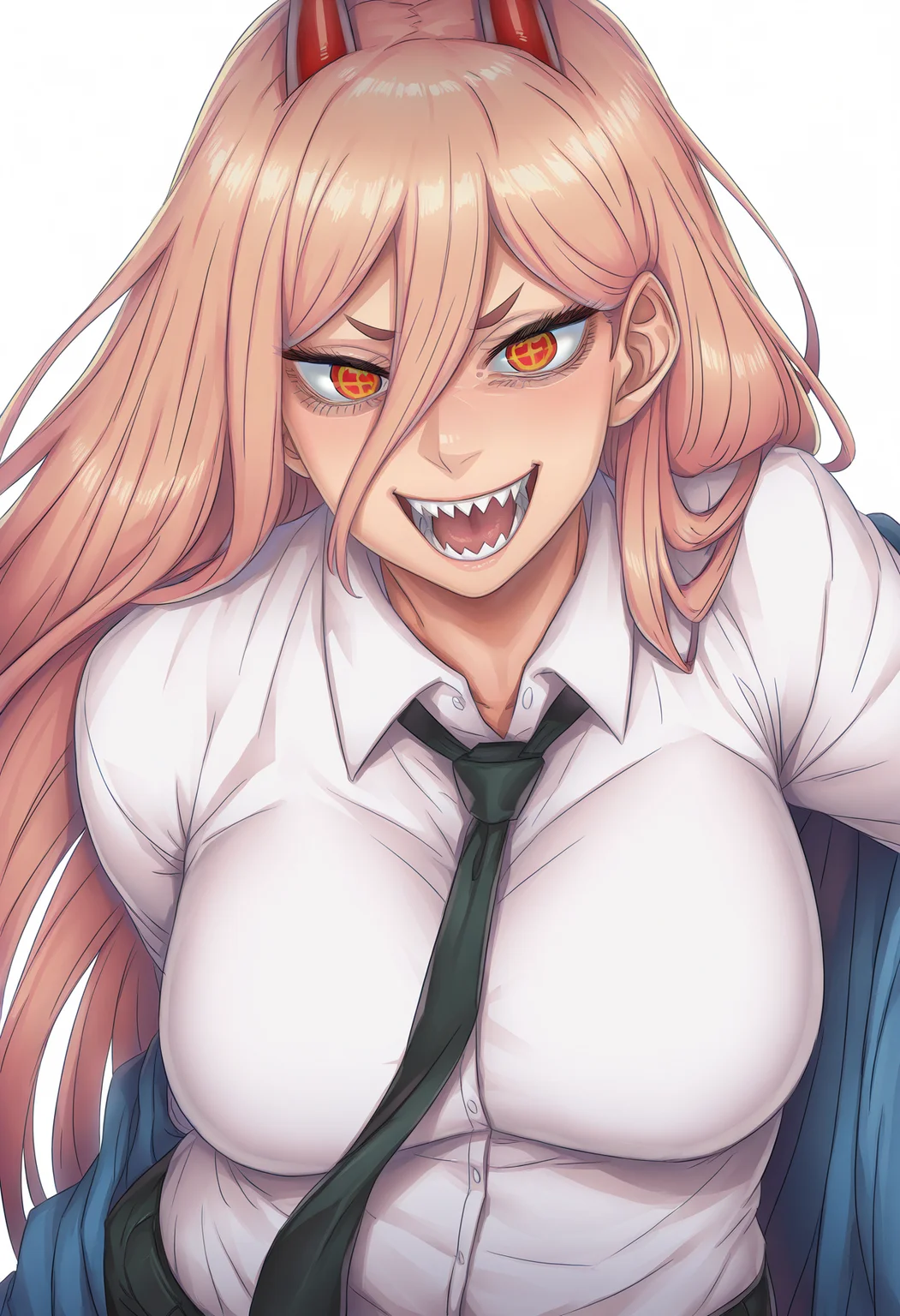 momofuki rio, best quality, amazing quality, very aesthetic, absurdres,
1girl, power \(chainsaw man\), pink hair, blonde hair, red horns, red eyes, cross-shaped pupils, long hair, sharp teeth, hair between eyes, symbol-shaped pupils,
collared shirt, black necktie, long sleeves,
looking at viewer, white shirt, open mouth,
simple background, white background, smile, upper body , <lora:MomofukiRioIllustriousLocon_byKonan:1>