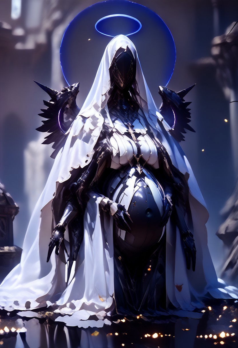 ((Realistic)), (score_9, score_8_up),((Pregnant)), score_7_up, ((wing)), 1girl, jewelry, hood, necklace, armor, mask, halo, helmet, cross, (crown), veil, cloak, spikes, robe, covered face, al13ng0d, solo, veil, black skin, hood up, (((huge breast, saggy breast))), ((mcnm)), (blurry background), dark, CINE, (embers:1.4),
,
Break
((4arms, 4arm, navel)), hand gesture, depth of field, hand gesture, dark and moody lighting, ruins, cathedral, feathered wings, wading, floating, angel wings, white wings, 
 <lora:unholy-000009:0.75>   <lora:CINE-000008:0.5>  <lora:add-detail-xl:-1> <lora:EnvyBetterHiresFixXL01:0:hr=1>