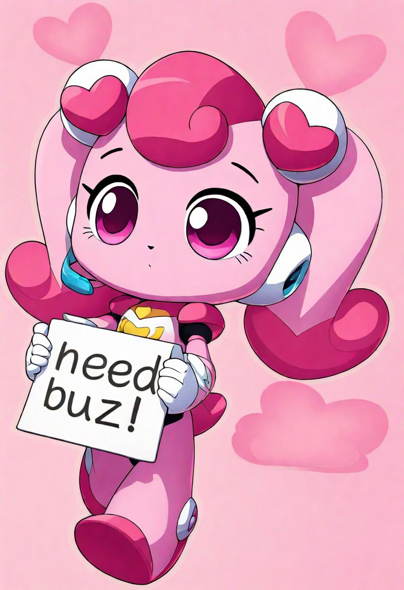 heartsping, no humans, solo, pink eyes, tail, heart hair accessory, pink fur, chibi, android, gloves, white gloves, armor, bodysuit, robot ears, headset, xdive, android, robot ears, bodysuit, need_buzz, holding sign
