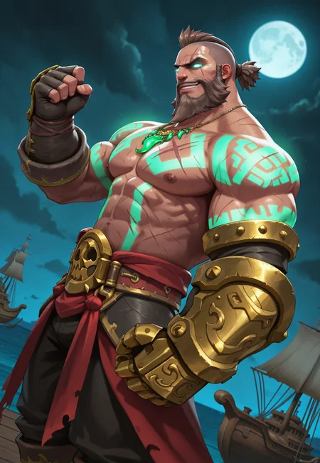 GangplankTB, gauntlet, fingerless glove, mohawk with short ponytail, tattoo, scar across eye, scars on body, brown hair, beard, facial hair, necklace with green gems, muscular, topless, detailed background, harbor, pirate ship, night, green mist, moon, portrait, dynamic pose, looking at viewer, smirk, dutch angle, raising a fist, nipples, glowing eyes, glowing tattoos, bloom,