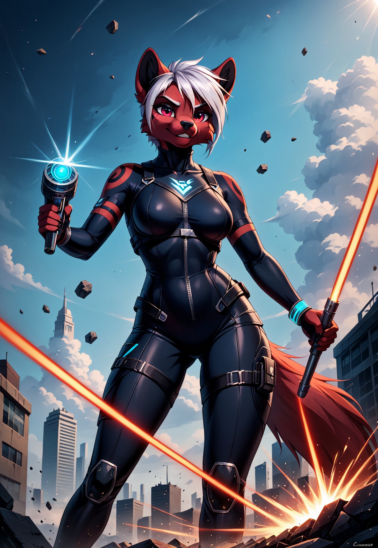 safe_pos, safe_pos, safe_pos, score_9, score_8_up, score_7_up, score_6_up, photorealistic, epiCPhotoGasm-colorfulPhoto, Realistic, highres, super high resolution, 8k, photo,  furry, anthro, female, 
ne0nfant4sy, A cybernetic bounty hunter, her chrome-plated arm raised in defense, deflects a barrage of laser fire as her one organic eye narrows in focus. Her other eye, a glowing red lens, scans the battlefield with precision, the faint hum of her targeting systems filling the air. Her fur, a dark mocha, is crisscrossed with scars and embedded circuitry, while her short, silver hair stands out starkly against the neon city skyline behind her. She wears a sleek, black bodysuit that hugs her athletic frame, the faint blue glow of energy shields flickering across its surface. The urban sprawl surrounding her is alive with floating vehicles and towering holographic advertisements that pulse with vivid colors. Her metal fingers, dexterous and deadly, grip a plasma pistol that hums with deadly energy. Behind her, a skyscraper collapses in the distance, sending plumes of smoke and debris into the air. Her expression is calm but determined, a hardened warrior in the midst of chaotic destruction. Neon lights reflect off her metallic enhancements, casting an otherworldly glow around her.<lora:RetroAnimeFluxV1:0.5><lora:NeonFantasyFLUX:0.3> furry, anthro