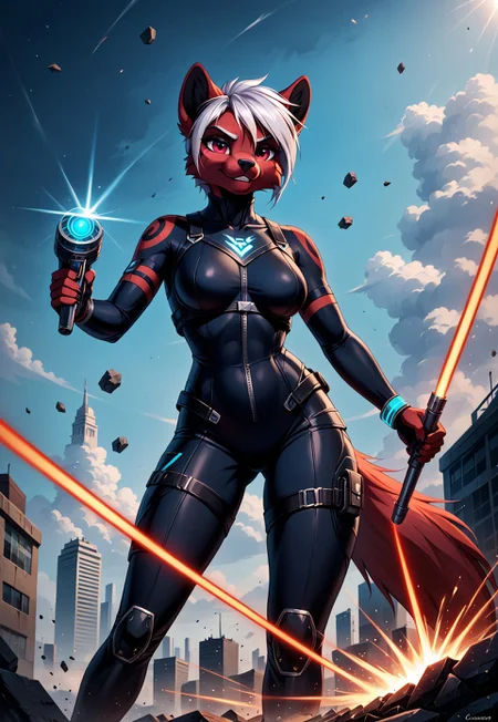 safe_pos, safe_pos, safe_pos, score_9, score_8_up, score_7_up, score_6_up, photorealistic, epiCPhotoGasm-colorfulPhoto, Realistic, highres, super high resolution, 8k, photo, furry, anthro, female,
ne0nfant4sy, A cybernetic bounty hunter, her chrome-plated arm raised in defense, deflects a barrage of laser fire as her one organic eye narrows in focus. Her other eye, a glowing red lens, scans the battlefield with precision, the faint hum of her targeting systems filling the air. Her fur, a dark mocha, is crisscrossed with scars and embedded circuitry, while her short, silver hair stands out starkly against the neon city skyline behind her. She wears a sleek, black bodysuit that hugs her athletic frame, the faint blue glow of energy shields flickering across its surface. The urban sprawl surrounding her is alive with floating vehicles and towering holographic advertisements that pulse with vivid colors. Her metal fingers, dexterous and deadly, grip a plasma pistol that hums with deadly energy. Behind her, a skyscraper collapses in the distance, sending plumes of smoke and debris into the air. Her expression is calm but determined, a hardened warrior in the midst of chaotic destruction. Neon lights reflect off her metallic enhancements, casting an otherworldly glow around her.<lora:RetroAnimeFluxV1:0.5><lora:NeonFantasyFLUX:0.3> furry, anthro