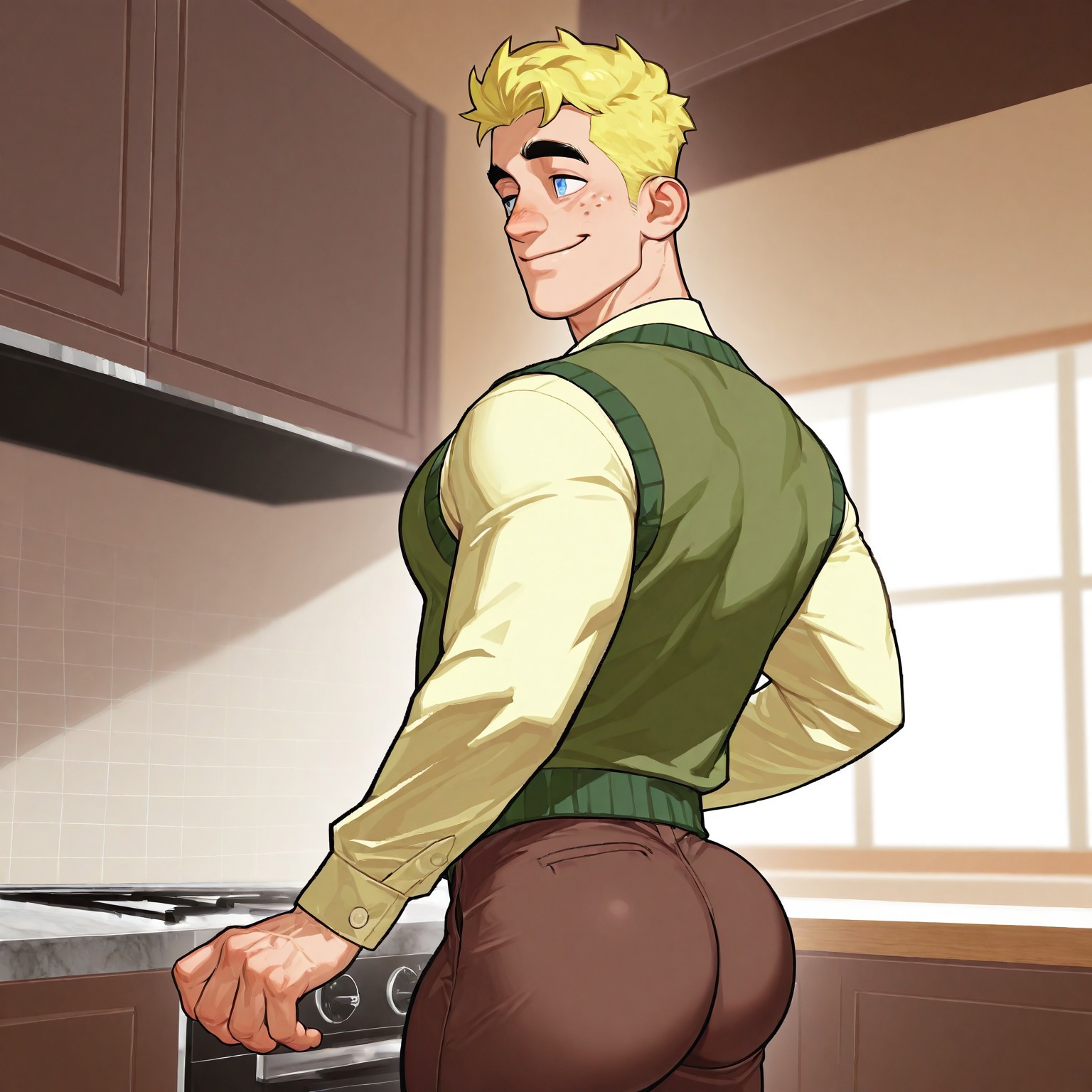 masterpiece, best quality, absurdres, newest, perfect quality, best quality, absolutely eye-catching, detailed background, intricate details, bara, 1boy, male, male focus, solo, mature, yellow hair, short hair, blue eyes, thick eyebrows, freckles, yellow shirt, long sleeves, green sweater vest, brown pants, bara, muscular, large pectorals, large biceps looking away, from the back, ass, smile, kitchen scenery, very awa, best quality, absurdres, newest, perfect quality, detailed background, intricate details, (artist:rokudenashi:0.8), (artist:dizdoodz:0.7), (artist:gomtang:0.6)