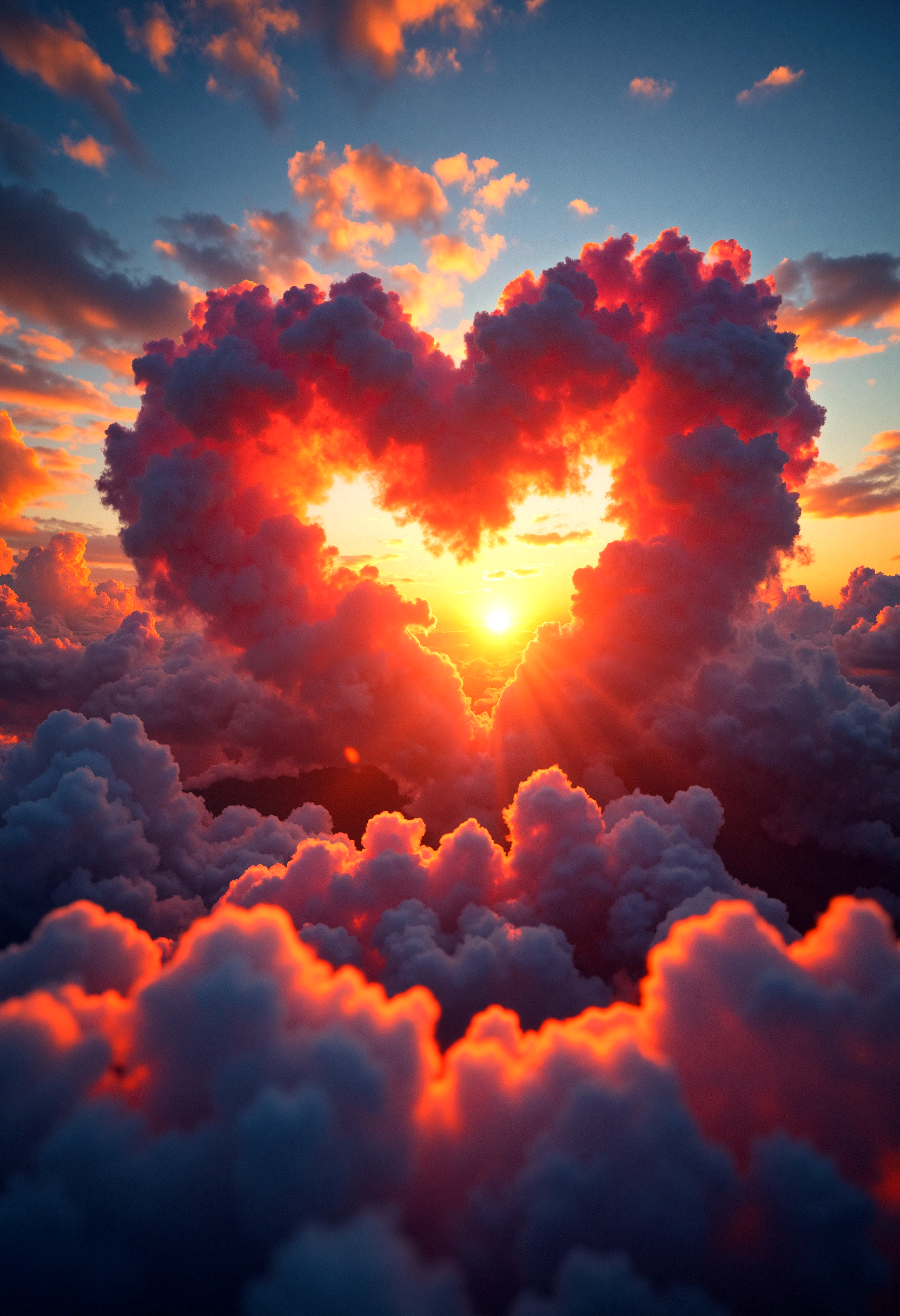 "A surreal scene of a heart-shaped cloud glowing with a full spectrum of vibrant colors, its edges shimmering against a twilight sky. The heart radiates golden light from its core, surrounded by swirling clouds painted in rich reds, oranges, and purples. The warm sunlight breaking through the clouds casts dynamic highlights and shadows, creating an otherworldly, dreamlike composition filled with luminous beauty and ethereal charm."




















