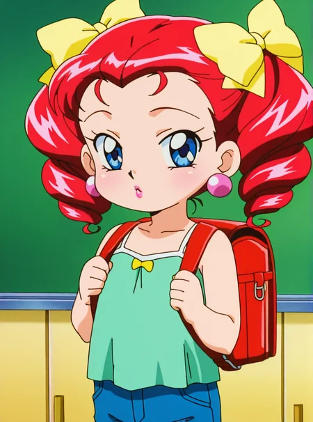 solo, 1girl, in school,
toddler, small body, young, looking at viewer,
Jeans, green top with spaghetti straps, red school bag,
school background,
<lora:StS_age_slider_v1_initial_release:-3>,
<lora:PMJessebelle:1> anime screencap, anime coloring, PMJessebelle, blue eyes, red hair, drill hair, yellow bow, hair bow, earrings, lipstick, pink lips,