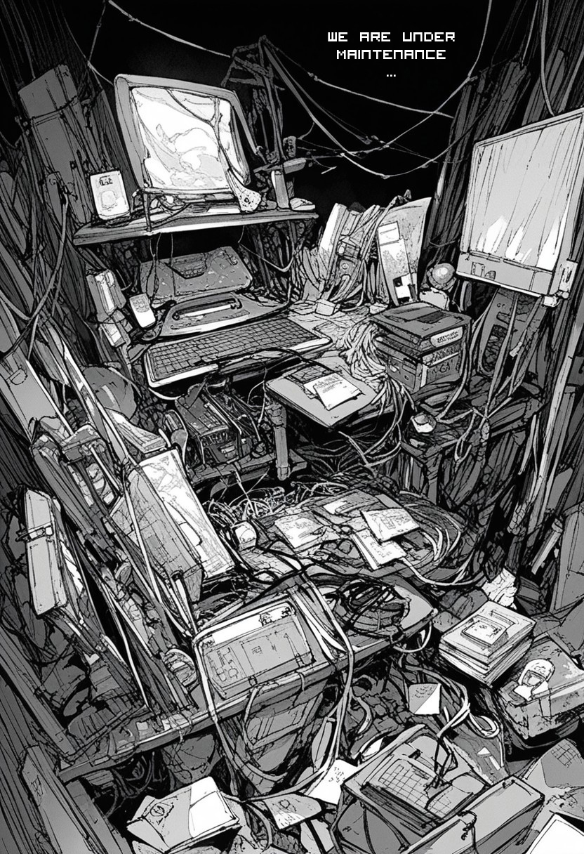 score_9, score_8_up, score_8_up, old computer, cables, monochrome manga style manga page black background cover