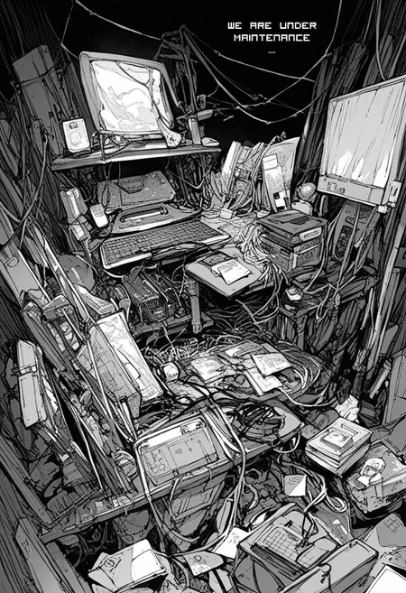 score_9, score_8_up, score_8_up, old computer, cables, monochrome manga style manga page black background cover