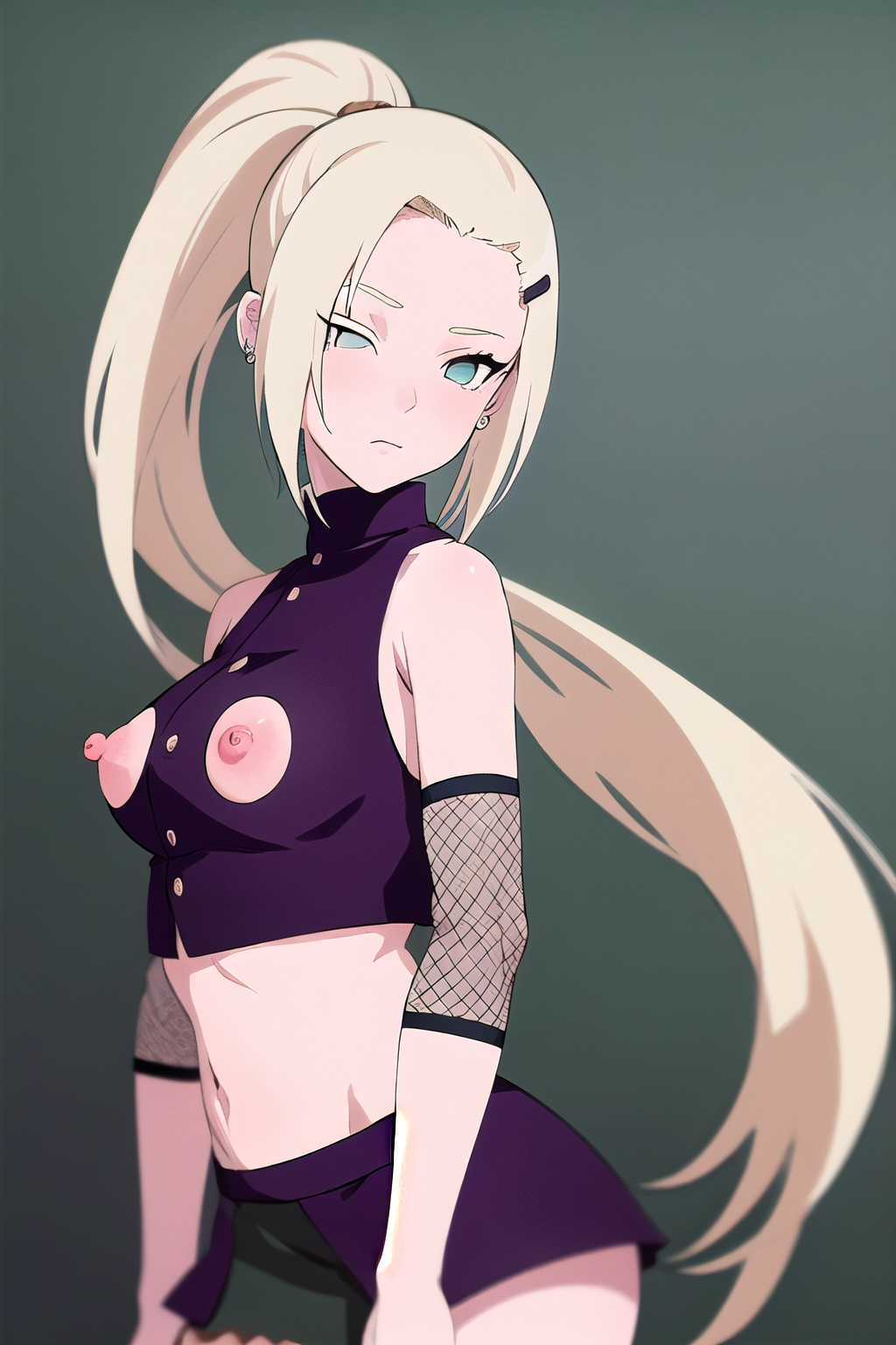 masterpiece, best quality, ultra-high-detailed, nipple cutout, 1girl, nipples,  yamanaka ino, hair over one eye, ponytail, hairclip, crop top, sleeveless, skirt, fishnets, earrings, midriff