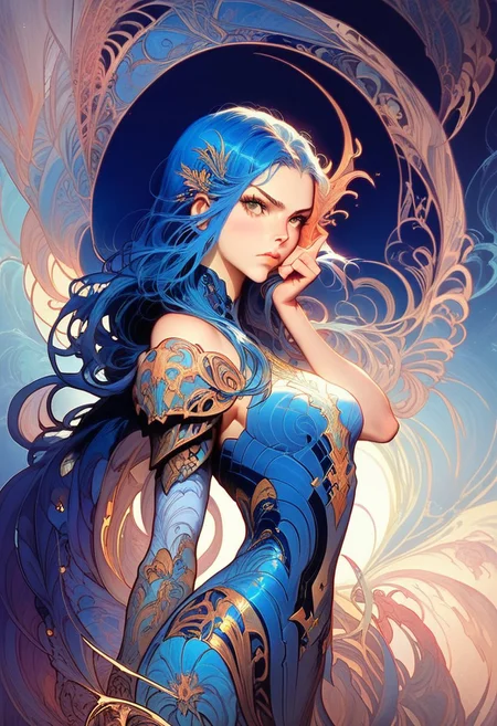 score_9,score_8_up,score_7_up,score_6_up,source_photo,ultra-detailed 8k,1girl, solo, long hair, blue hair, armored girl, futuristic knight, blue armor, thigh-high boots, intricate details, confident, determined, holding rifle, indoor setting, elegant room, modern decor, strong pose, stylish, advanced technology, full body, looking at viewer, side view, steampunk elements, gold accents, thigh-high socks, white underskirt, dark blue dress, gloves, cosplay, detailed background, high contrast.,dynamic angle,ultraHD,ultrarealistic,futuristic,Expressiveh,Noveau,Art Noveau
