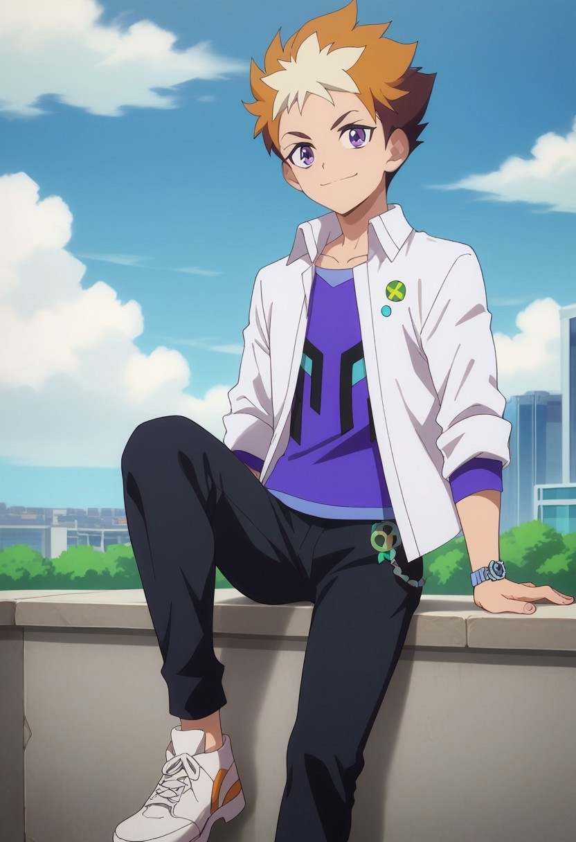 score_9, score_8_up, score_7_up, source_anime, highly detailed, 

subaru, 1boy, male focus, solo, shirt, purple eyes, smile, pants, shoes, brown hair, open clothes, multicolored hair, black pants, blue shirt, orange hair, two-tone hair, spiked hair, white footwear, purple shirt, collared shirt, long sleeves, short hair, sneakers, sleeves rolled up,

outdoor, sky, building, clouds, sit, posing for a photo,
