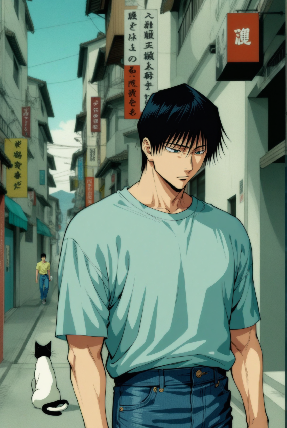 1boy, male focus, fushiguro touji, jujutsu kaisen , (90s anime style:1.5), front view, outdoors, street view, (looking down:1.3), perfecteyes, shirt, denim shorts, (a single white cat sitting next to them) <lora:detailed_notrigger:1> <lora:ParchartXL_CODA:0.2> <lora:Isometric Cutaway:1> <lora:PerfectEyesXL:1> <lora:Surreal Harmony:0.2>