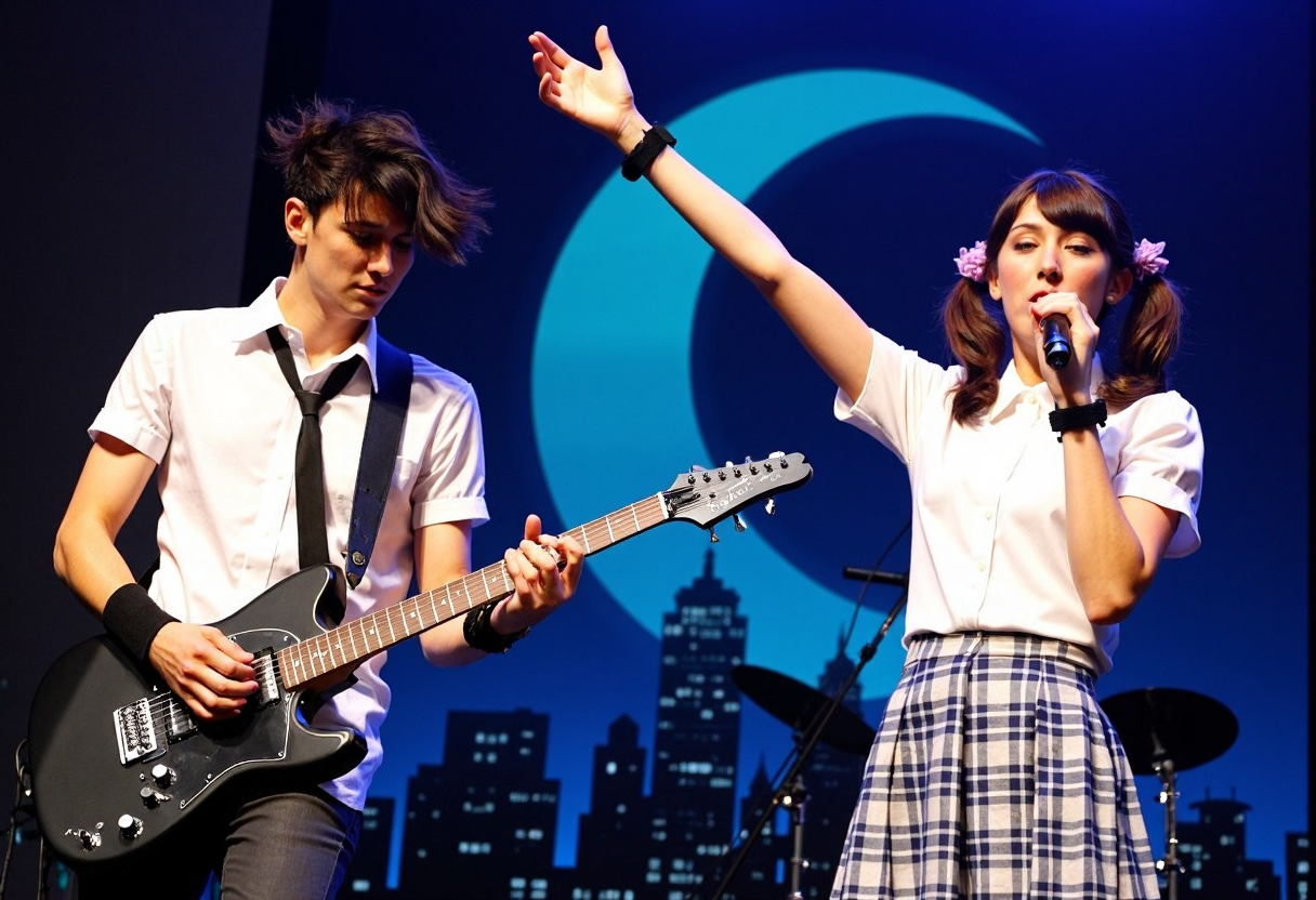 live music performance. two european musicians and a young woman vocalist on stage, european descent, set against a backdrop resembling a city skyline. The backdrop includes a large, blue, crescent moon and skyscrapers. The woman on the right is dressed in a white, short-sleeve blouse and a plaid skirt, reminiscent of a school uniform. She has her hair styled in pigtails, accessorized with a purple hair accessory. Her right arm is raised, holding a microphone close to her mouth, indicating she is singing. She wears a black wristband on her left arm. The male musician on the left plays an electric black guitar, with a white shirt and black tie, his hair styled in a messy, spiky fashion. He is focused on his instrument, playing with intensity. The lighting is dim, typical of an indoor concert venue, with the stage illuminated by stage lights