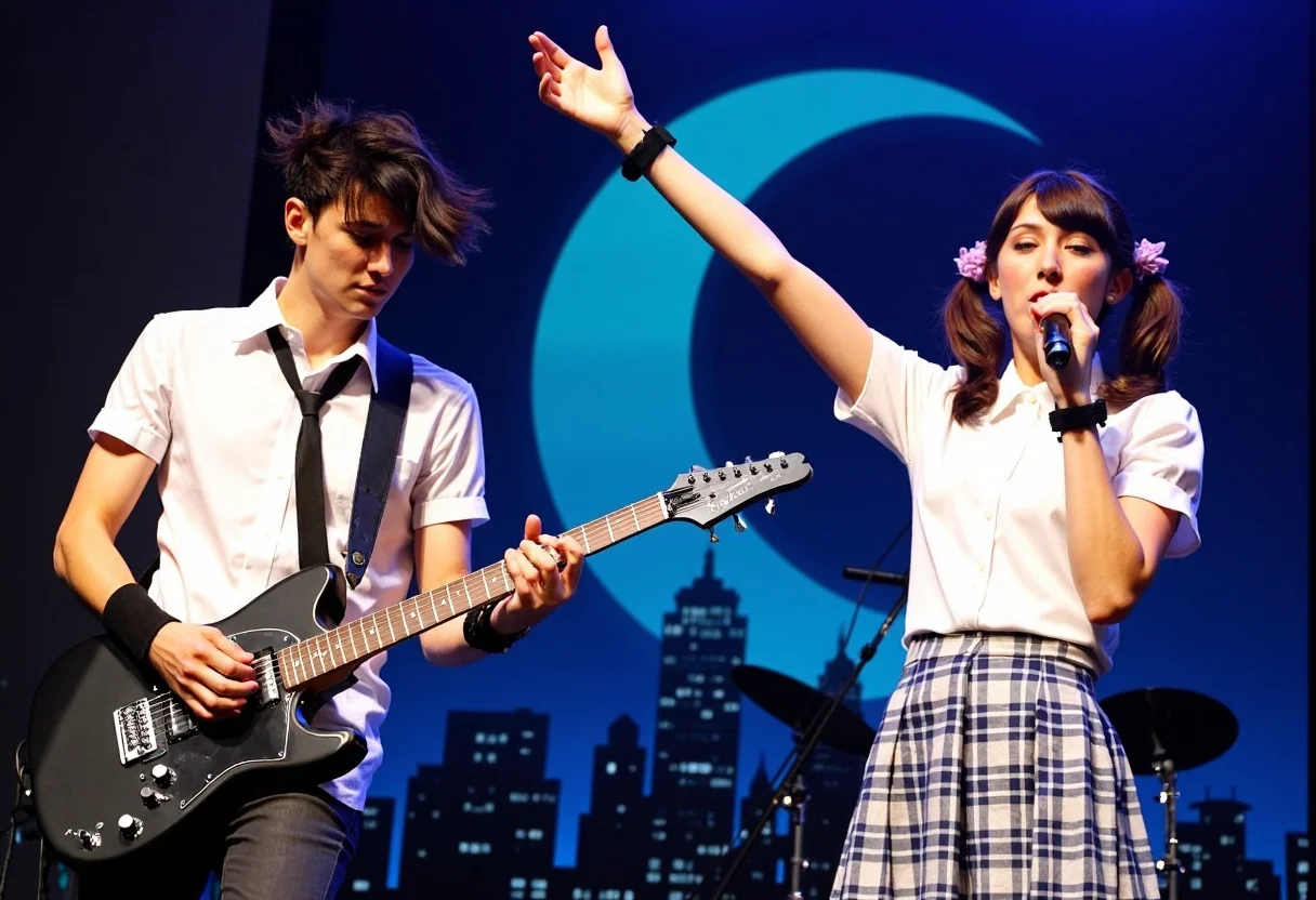 live music performance. two european musicians and a young woman vocalist on stage, european descent, set against a backdrop resembling a city skyline. The backdrop includes a large, blue, crescent moon and skyscrapers. The woman on the right is dressed in a white, short-sleeve blouse and a plaid skirt, reminiscent of a school uniform. She has her hair styled in pigtails, accessorized with a purple hair accessory. Her right arm is raised, holding a microphone close to her mouth, indicating she is singing. She wears a black wristband on her left arm. The male musician on the left plays an electric black guitar, with a white shirt and black tie, his hair styled in a messy, spiky fashion. He is focused on his instrument, playing with intensity. The lighting is dim, typical of an indoor concert venue, with the stage illuminated by stage lights