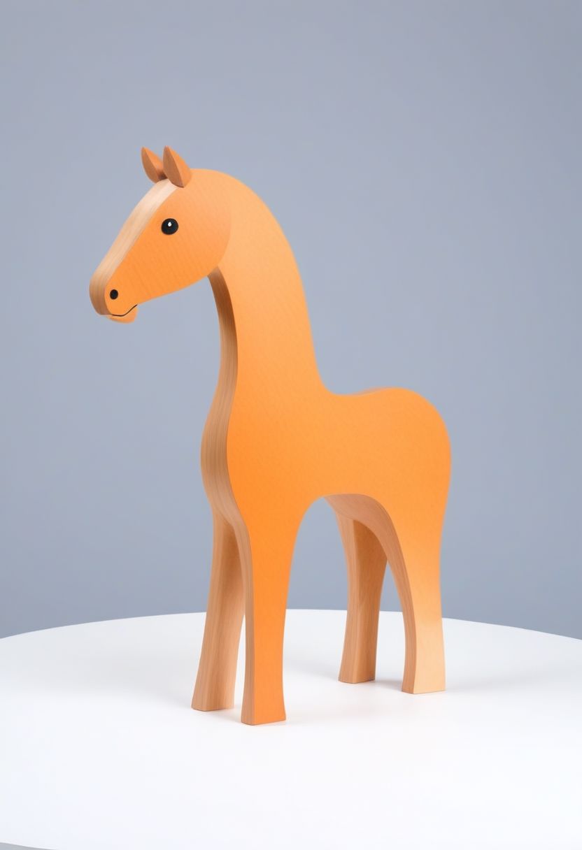 (expert craftsmanship:1.8), (high resolution, product photography, photo studio background:1.2), (modern wooden toy animal, equine creature:1.8), (fine wood, realistic wood material:1.5), (simple form, abstract form, multiple parts:1.9), (finely crafted parts, simple shape, elegant shape, ambiguous shape, stout shape, innocent shape:1.4), (hand-painted, comfortable, playful, friendly:1.5), (tall, lanky, whimsical:1.7), (Bauhaus Design aesthetic:1.7)