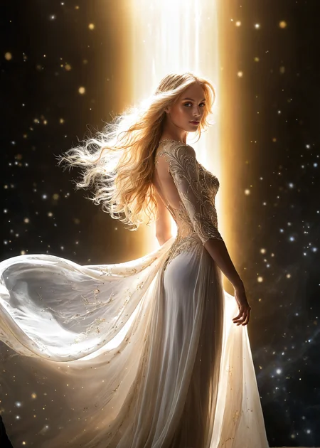 angelic figure, glowing golden hair, radiant aura, ethereal gown, high contrast, hyper-realistic, divine presence, soft glowing light, serene expression, intricate details, high-definition, celestial elegance, luminous atmosphere, otherworldly beauty, majestic, peaceful
<lora:SDXLHighDetail_v5:1>