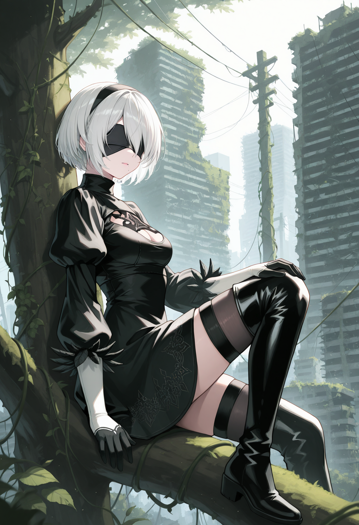 masterpiece, best quality, 1girl, solo, tw0B, mole under mouth, short hair, hair over one eye, white hair, , ruins, overgrown, post-apocalypse, sitting in tree, in tree, outdoors, sitting, tree, from side, black blindfold, black hairband, turtleneck, puffy long sleeves, feather-trimmed sleeves, elbow gloves, black dress, black thighhighs under boots, black thigh boots, two-tone gloves, black gloves, white gloves, power lines, vines, looking at viewer