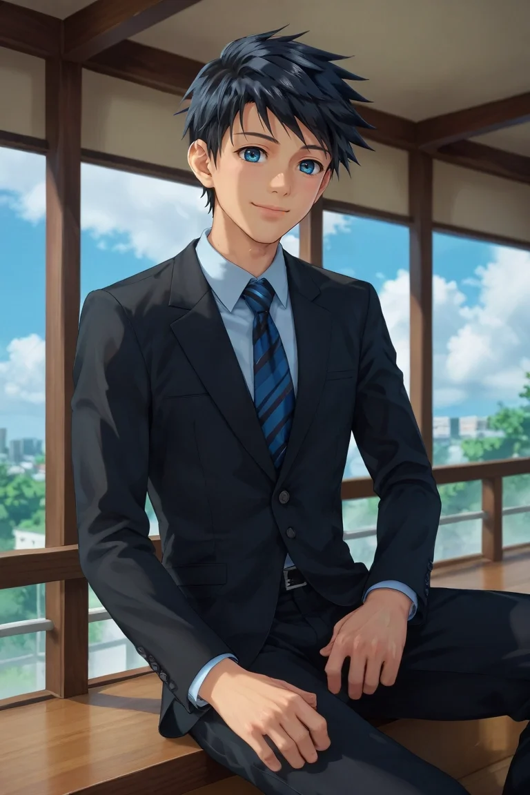 score_9, score_8_up, score_7_up, source_anime, rating_safe, , (3d:0.4), , depth of field, 1boy, solo, male focus, <lora:natsumi_hamasaki_pony:0.94>, natsumi_hamasaki, black hair, blue eyes, short hair, , focused, heaven, clouds, indoors, sitting, happy, suit,, <lora:sdxl_lightning_8step_lora:1>