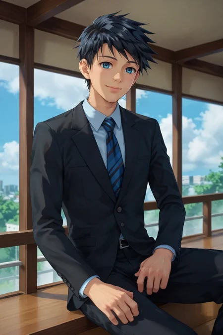 score_9, score_8_up, score_7_up, source_anime, rating_safe, , (3d:0.4), , depth of field, 1boy, solo, male focus, <lora:natsumi_hamasaki_pony:0.94>, natsumi_hamasaki, black hair, blue eyes, short hair, , focused, heaven, clouds, indoors, sitting, happy, suit,, <lora:sdxl_lightning_8step_lora:1>