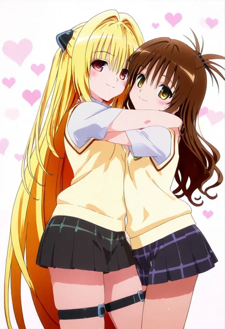 masterpiece, best quality, 2girls, hug, happy, blush, smile, konjiki no yami, red eyes, long hair, blonde hair, two side up, hair between eyes, hair intakes, very long hair, (yuuki mikan, yellow eyes, long hair, brown hair, ), skirt, school uniform, pleated skirt, thigh strap, sweater vest, bangs, shirt, hair ornament, bow, white shirt, short sleeves, collared shirt, miniskirt, looking at viewer, cowboy shot, heart background
