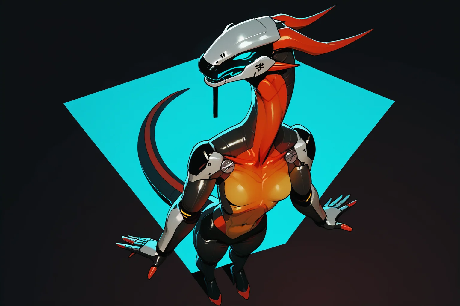 (full body, from above:1.3), (iridescent, asian dragon, long neck:1.2) (synth (vader-san), cyborg:1.3), anthro, standing,seductive, female, synthetic, featureless breasts, small breasts, BREAK, rov, ecmajor,pgm300, bonifasko, newest, absurdres, highres, best quality, detailed, masterpiece, sharp focus, hi res, neoprene, neon, cyborg, onepiece, (1girl,solo,female,furry:1.3), BREAK neonpunk,gradient background, score_9,score_8_up,score_8,source_furry, source_anime,rating_questionable, masterpiece,best quality, <lora:PonyQualityV1.3:0.8>, <lora:Expressive_H:0.65>,Expressiveh, <lora:incase---1:0.5>, <lora:g0th1cPXL:0.2>,g0thic, <lora:Bonifasco_PonyXL_v1:0.6>, <lora:cutesexyronutts_style_xl:0.8>,csr style, <lora:NoctFlatStyleV2:0.2>,