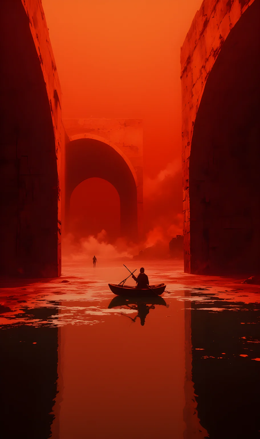 The scene is suffused with an otherworldly glow, a deep, saturated crimson that seems to pulse through the air like the heartbeat of some ancient, forgotten entity. The sky above is a solid expanse of fiery orange, as though the heavens themselves have been set ablaze, casting an eerie light over everything below. Beneath this surreal canopy lies a vast, reflective surface—water so still and smooth it mirrors the world above with perfect clarity.
Dominating the foreground is a small, solitary figure seated in a wooden rowboat. The boat floats motionless on the water's surface, its reflection stretching out endlessly, creating the illusion of two identical vessels, one real and one inverted. The figure at the helm is cloaked in dark clothing, their features obscured by shadow, giving them an air of mystery and anonymity. They hold oars in their hands, but they remain idle, suggesting a moment of pause or contemplation rather than active navigation.
The architecture surrounding the scene is imposing and enigmatic. Massive stone arches rise on either side, their surfaces weathered and textured, hinting at age and decay. These structures frame the path ahead, leading the eye deeper into the tunnel-like passage that stretches into the distance. At the far end, another figure can be seen walking away, their silhouette swallowed by the red haze, adding a sense of depth and intrigue to the composition.
The atmosphere is heavy with silence and solitude, as if time itself has slowed within this crimson realm. The color palette is dominated by shades of red and orange, creating a haunting beauty that feels both alien and hypnotic. There is a palpable tension in the air, as though the very environment is alive, pulsing with an unseen energy. It is a place where reality blurs into dream, where every element—the water, the light, the architecture—seems to exist in perfect harmony yet carries an undercurrent of unease.
This is not merely a landscape; it is a journey—a silent voyage through a world that exists somewhere between memory and imagination, where the boundaries of what is real and what is dreamed begin to dissolve.
j_art, anime, anime art, <lora:FLUX\jul\J_Anime:0.7>, <lora:FLUX\RealAnime:0.7>